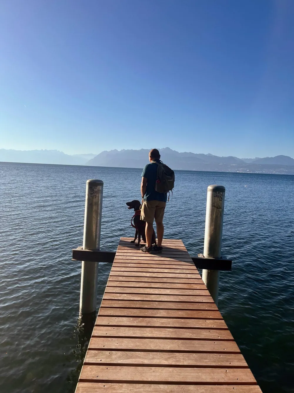 Man and dog on a wooden pier looking across Lake Geneva to the Alps